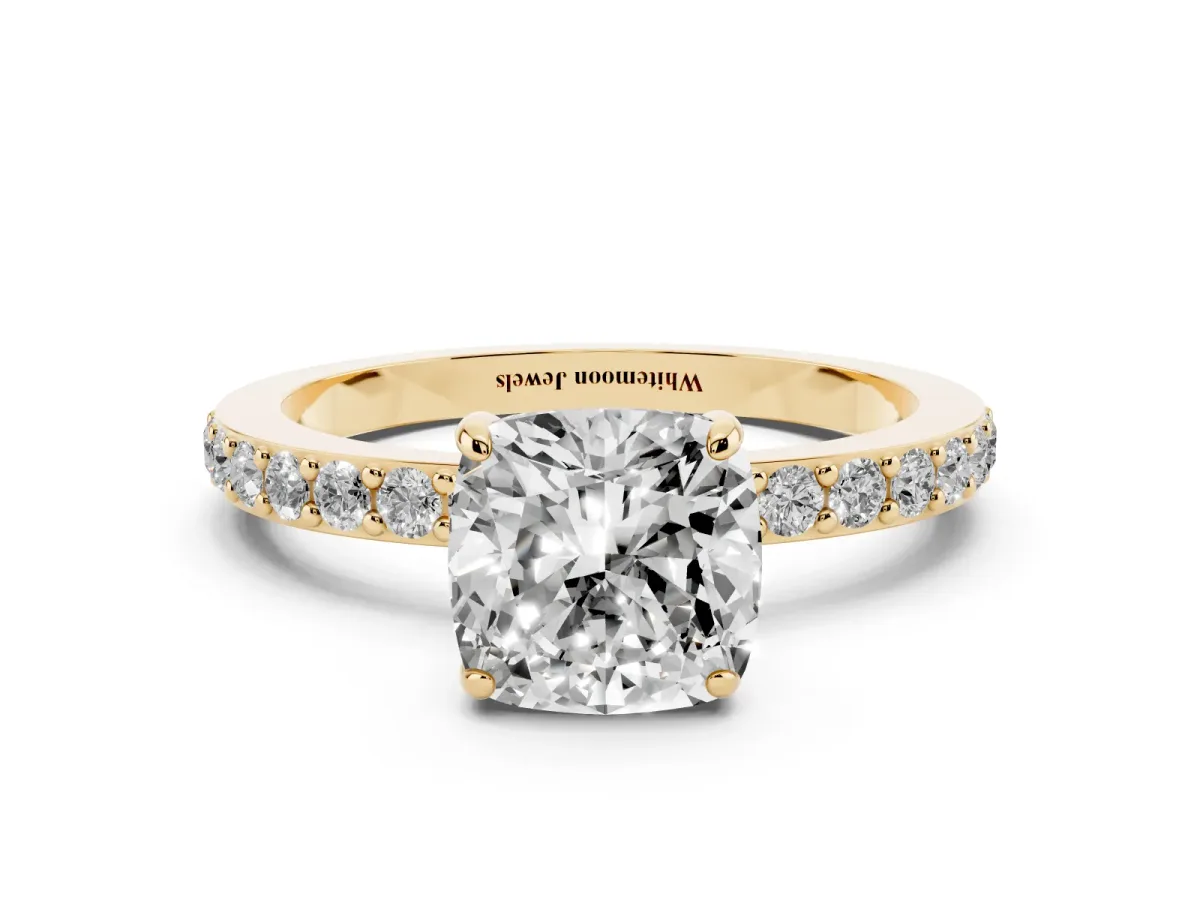 Cushion Cut Diamond Pavé Engagement Ring with Round Accents and Prong Setting Yellow gold