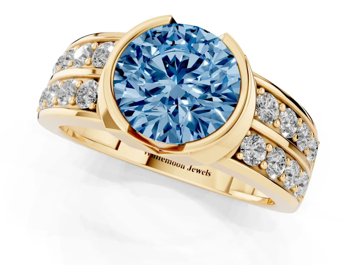 Fancy Blue Round Cut Brilliant Diamond Channel Set Wide Band Ring with Bezel Setting Yellow gold