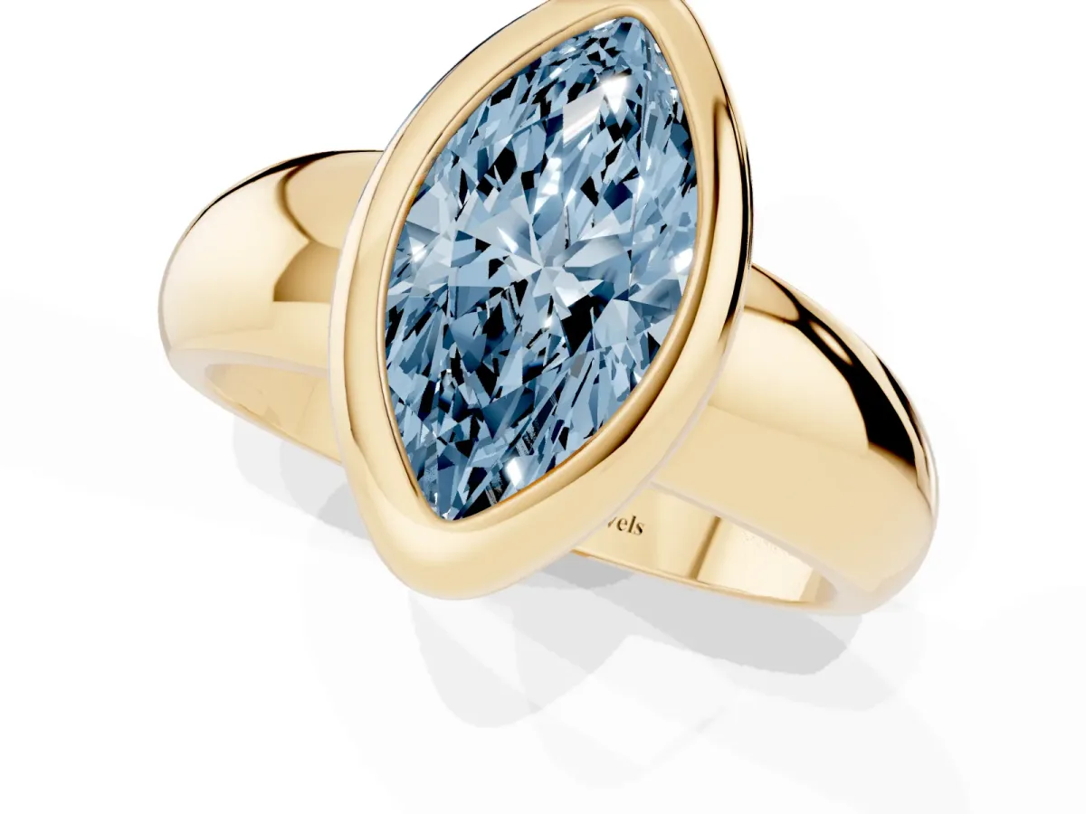 Fancy Blue Bezel Set Marquise Cut Solitaire Ring with Wide Band Yellow gold