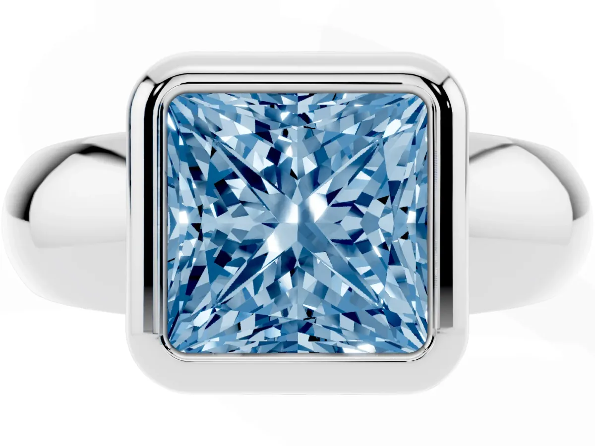 Fancy Blue Bezel Set Princess Cut Solitaire Ring with Wide Band Silver