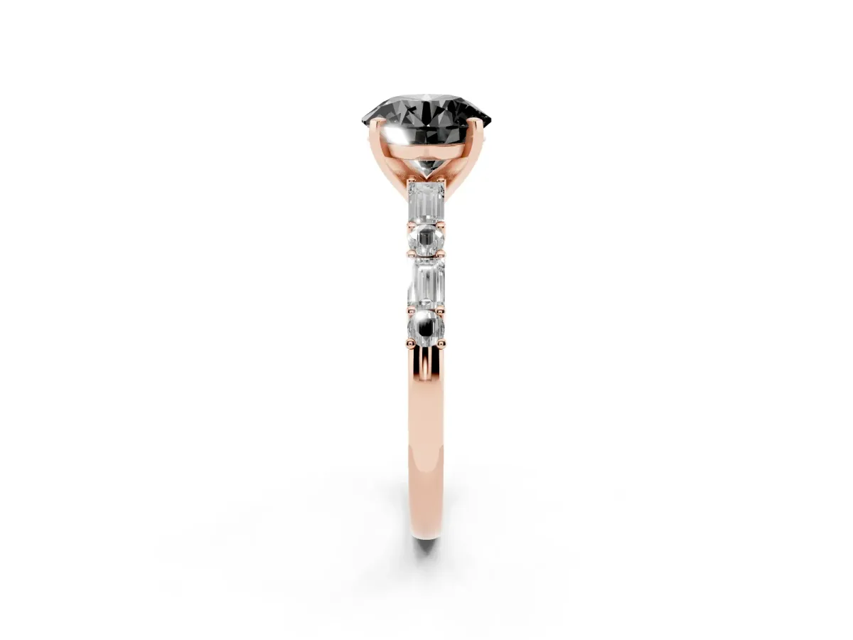 Fancy Black Round Cut Diamond Solitaire with Side Baguettes and Channel Set Band Rose gold