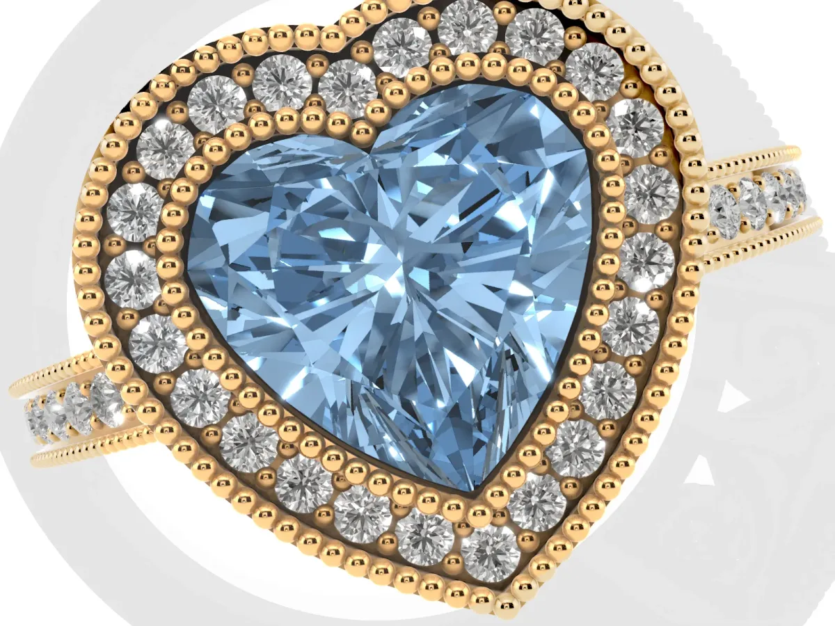 Fancy Blue Heart Cut Cut Halo Diamond Ring with Pavé Band and Milgrain Prong Setting Yellow gold