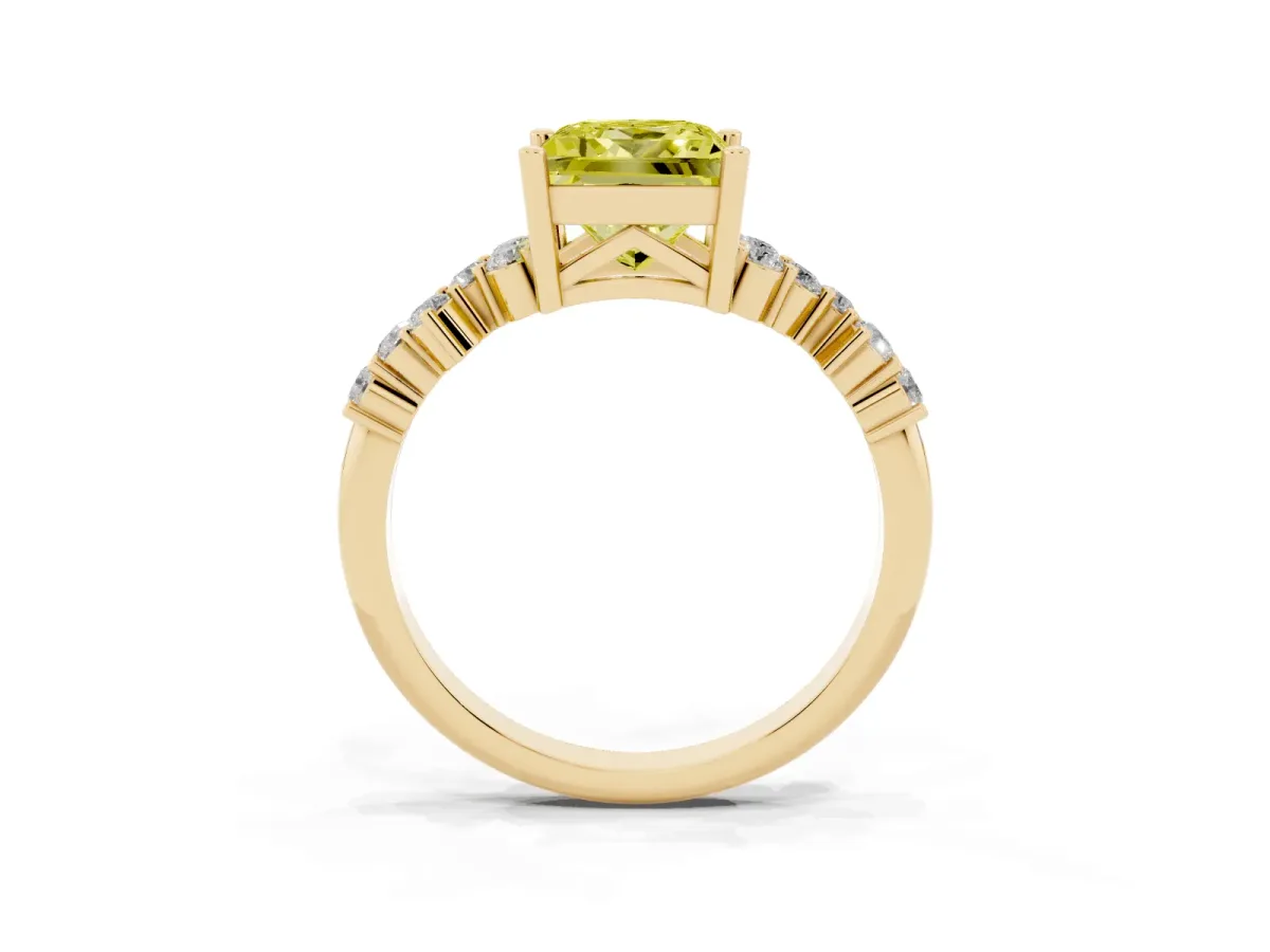 Fancy Yellow Princess Cut Diamond Scattered Round Accent Ring with Prong Setting Yellow gold