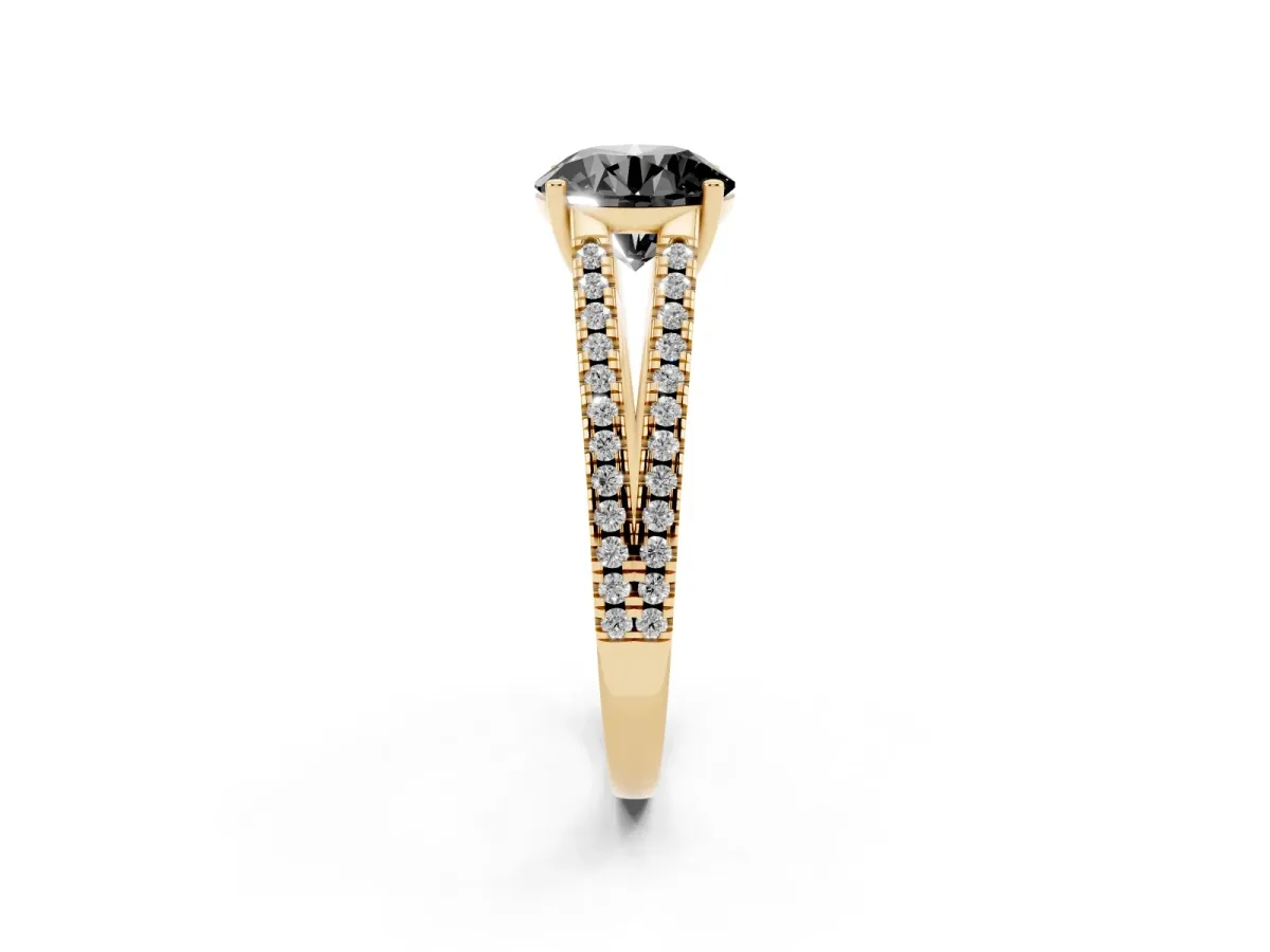 Fancy Black Round Cut Diamond Solitaire Engagement Ring with Split Shank Pavé Band Yellow gold