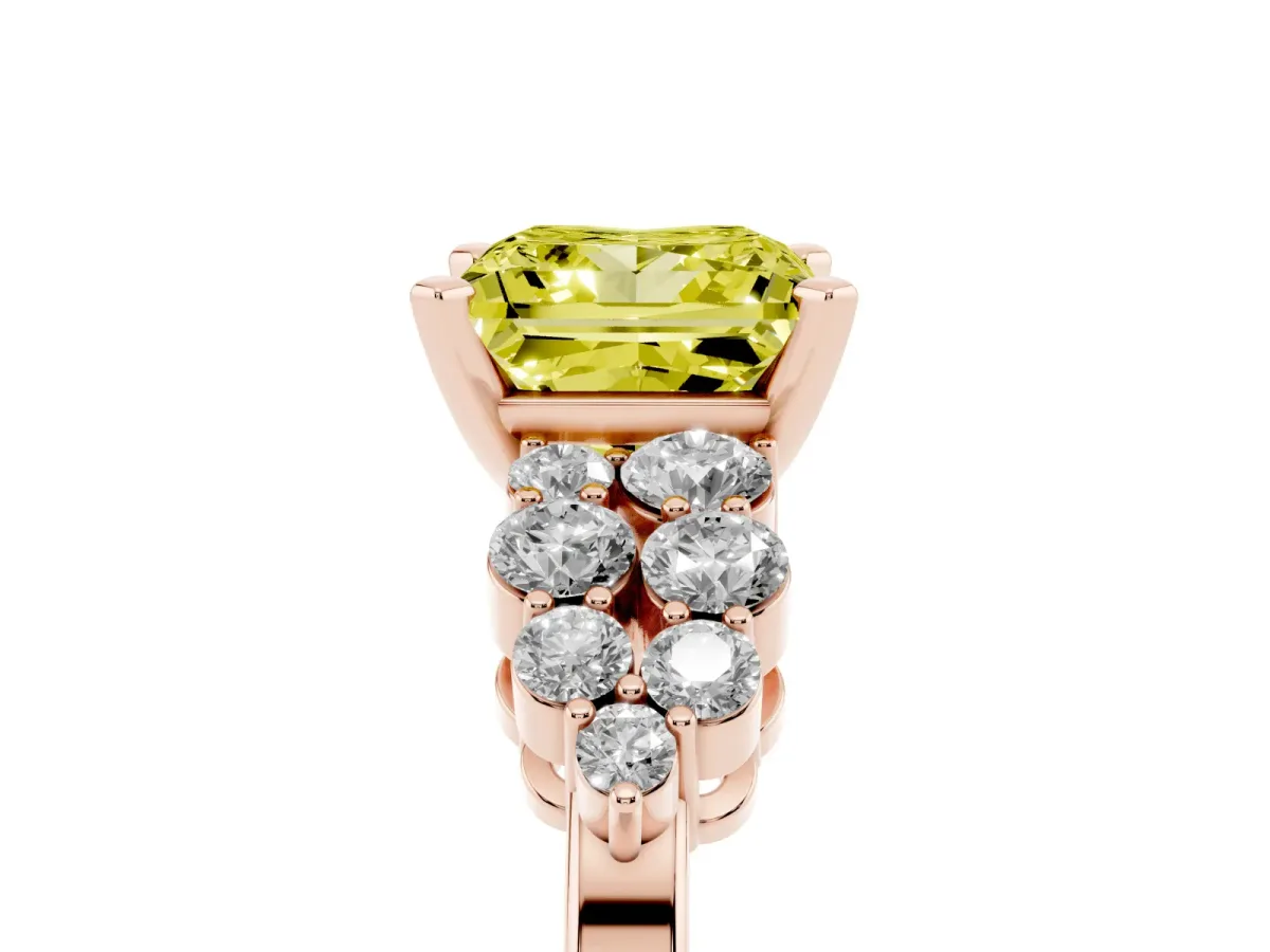 Fancy Yellow Princess Cut Cluster Diamond Engagement Ring with Pavé Band and Four-Prong Setting Rose gold