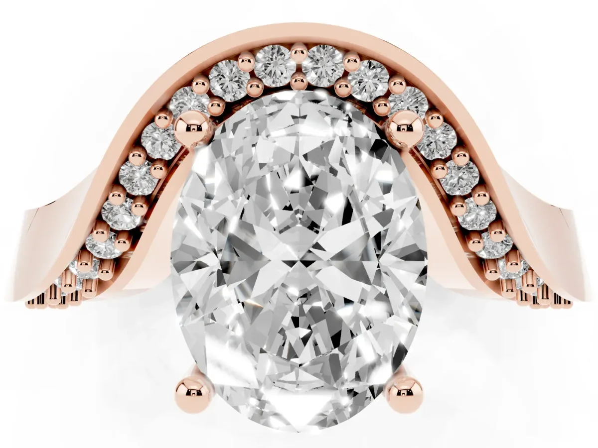Oval Cut Solitaire Diamond Engagement Ring with Pave Band and Four-Prong Setting Rose gold