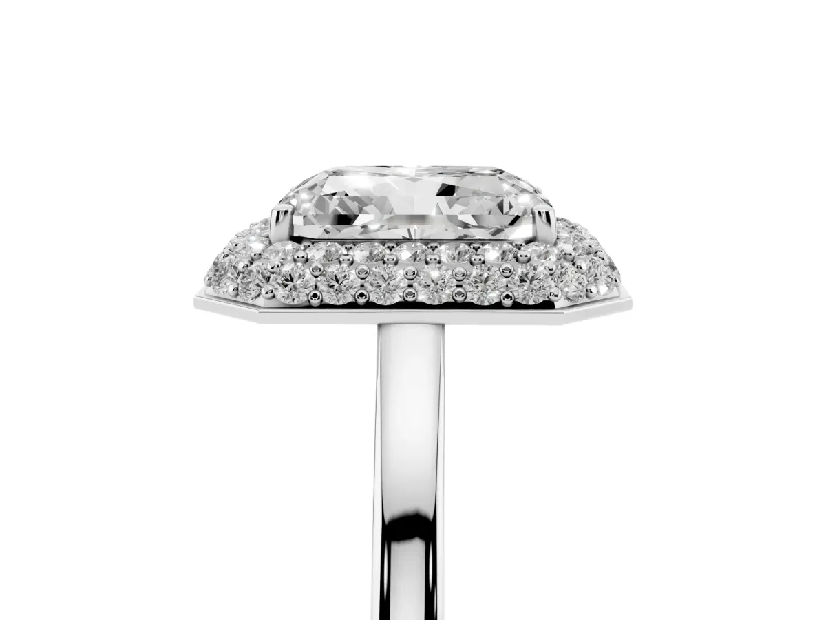 Radiant Cut Halo Diamond Engagement Ring with Solitaire Band and Four-Prong Setting Platinum