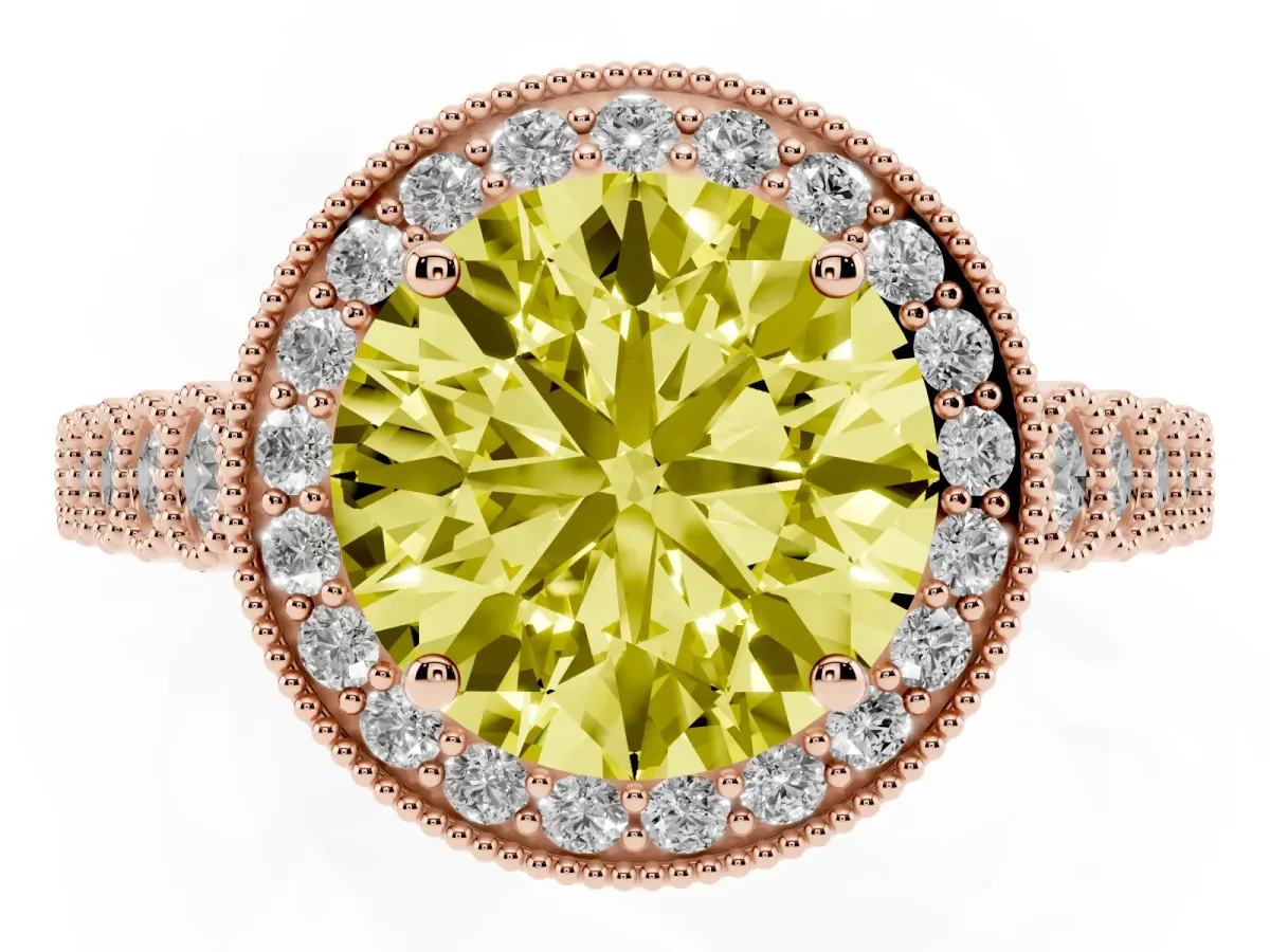 Fancy Yellow Round Cut Halo Milgrain Solitaire with Bezel Set Side Stones and Pave Band Rose gold