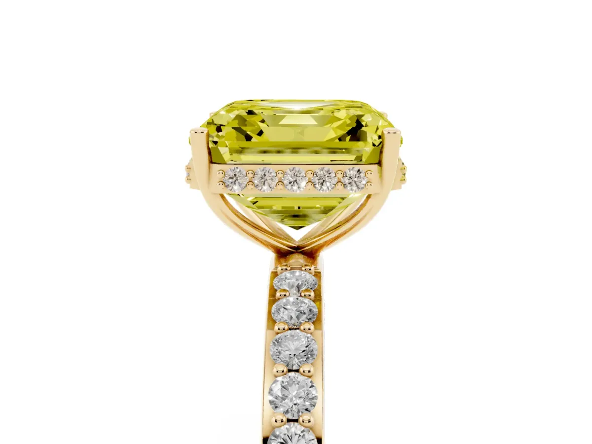Fancy Yellow Asscher Cut Diamond Solitaire Ring with Pavé Band and Hidden Halo Yellow gold