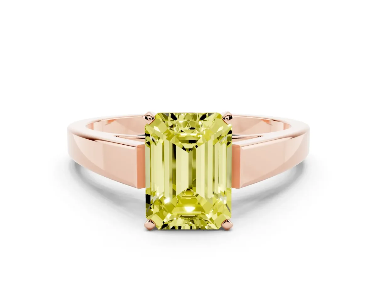Fancy Yellow Emerald Cut Solitaire Engagement Ring with Four-Prong Setting and Tapered Band Rose gold
