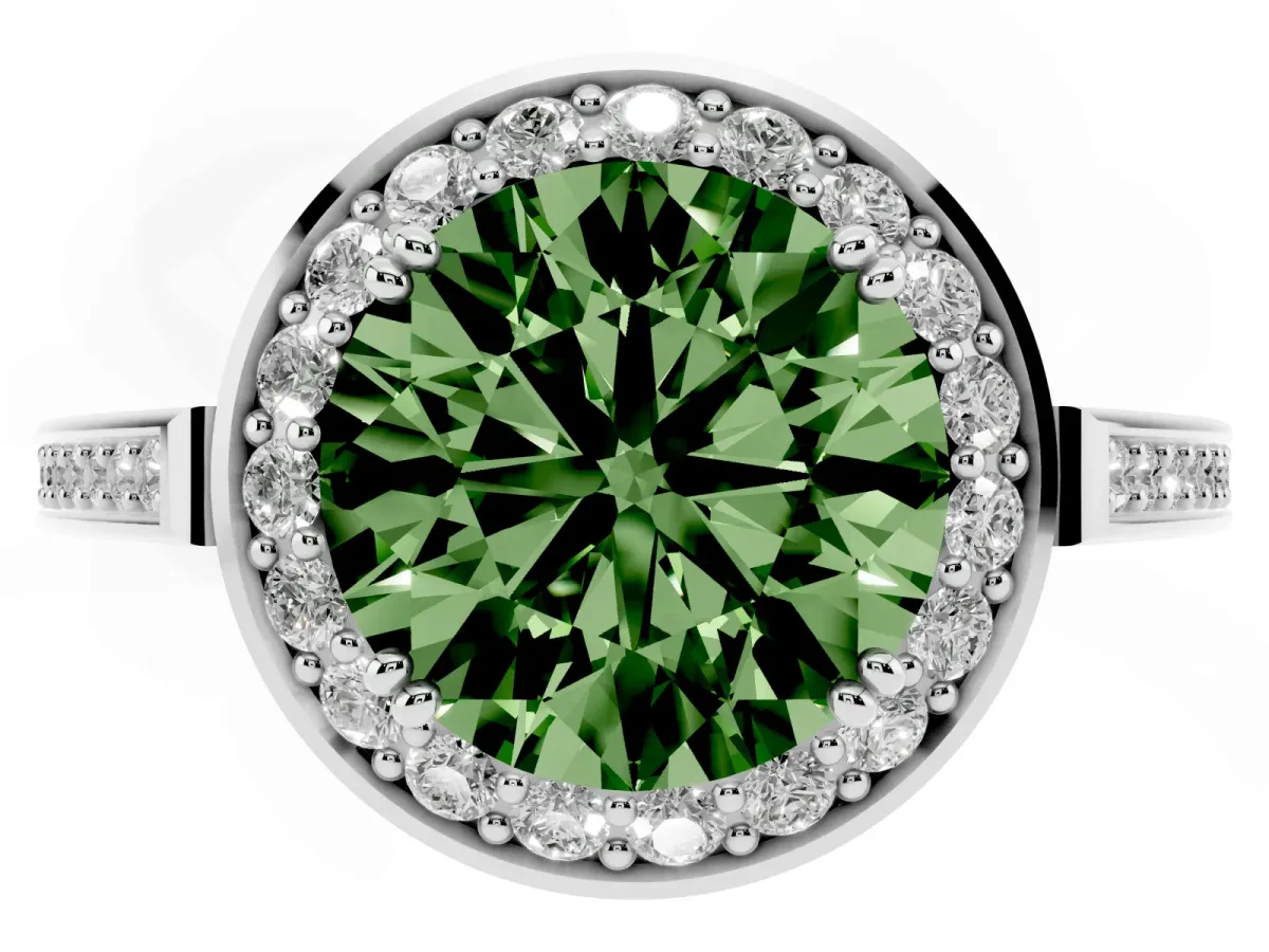 Fancy Green Round Cut Diamond Halo Ring with Split Shank and Four-Prong Setting Silver