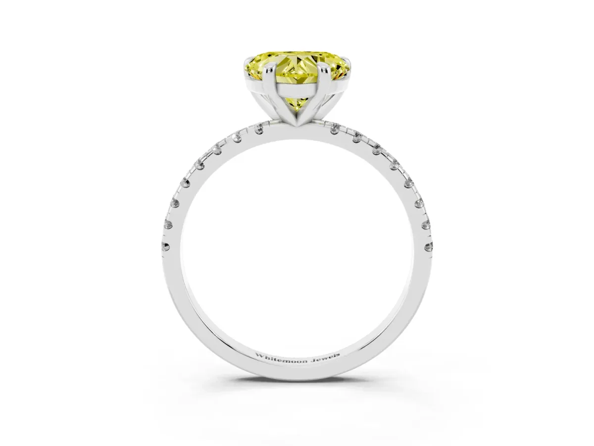 Fancy Yellow Heart Cut Diamond Brilliant Solitaire Ring with Pavé Band and Four-Prong Setting Platinum