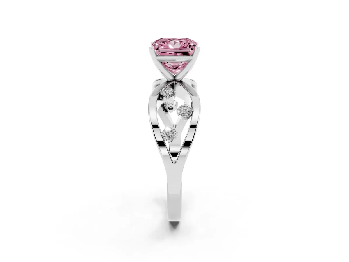 Fancy Pink Princess Cut Cut Solitaire Diamond with Side Stones on Criss-Cross Band and Four-Prong Setting Platinum