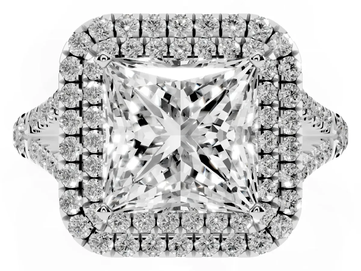 Princess Cut Diamond Pavé Split Shank Double Halo Engagement Ring Platinum