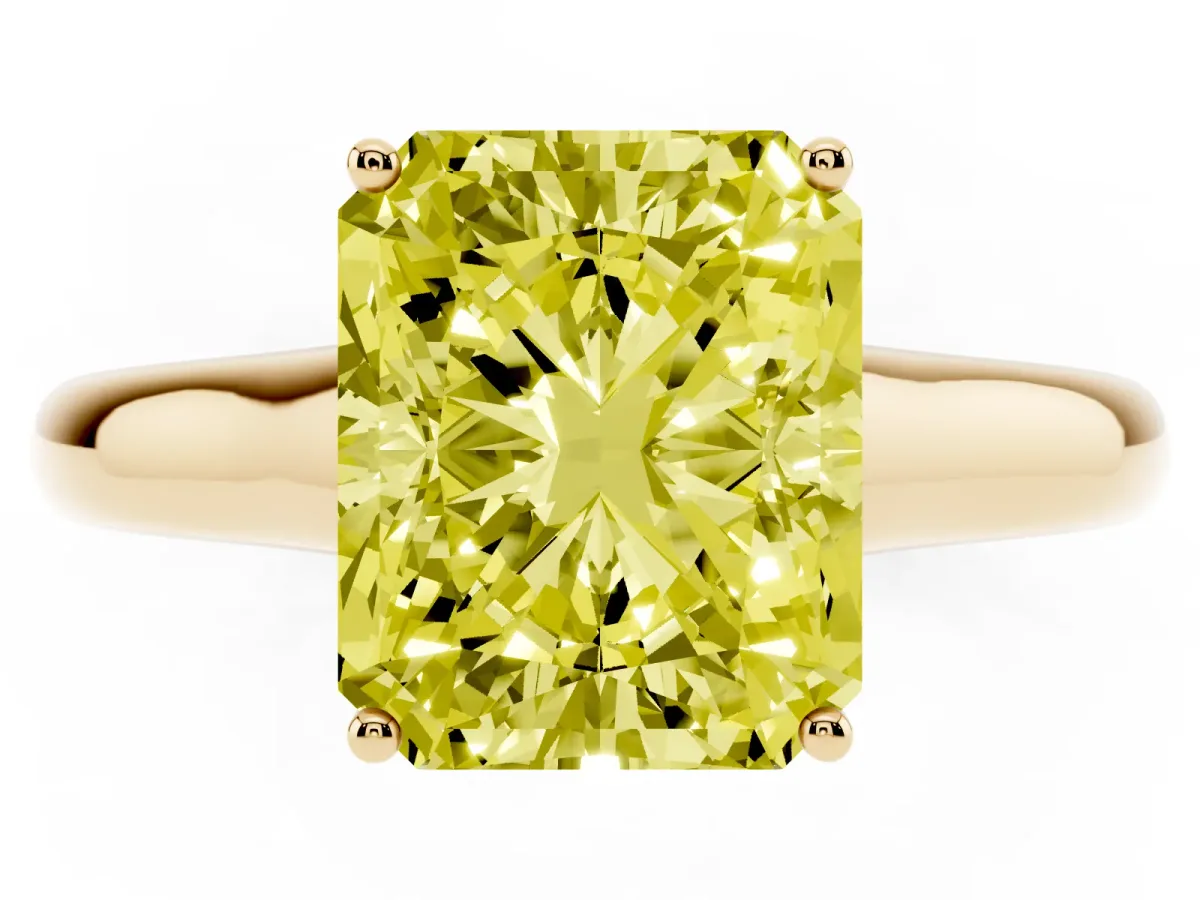 Fancy Yellow Radiant Cut Solitaire Engagement Ring with Tapered Band and Four-Prong Setting Yellow gold