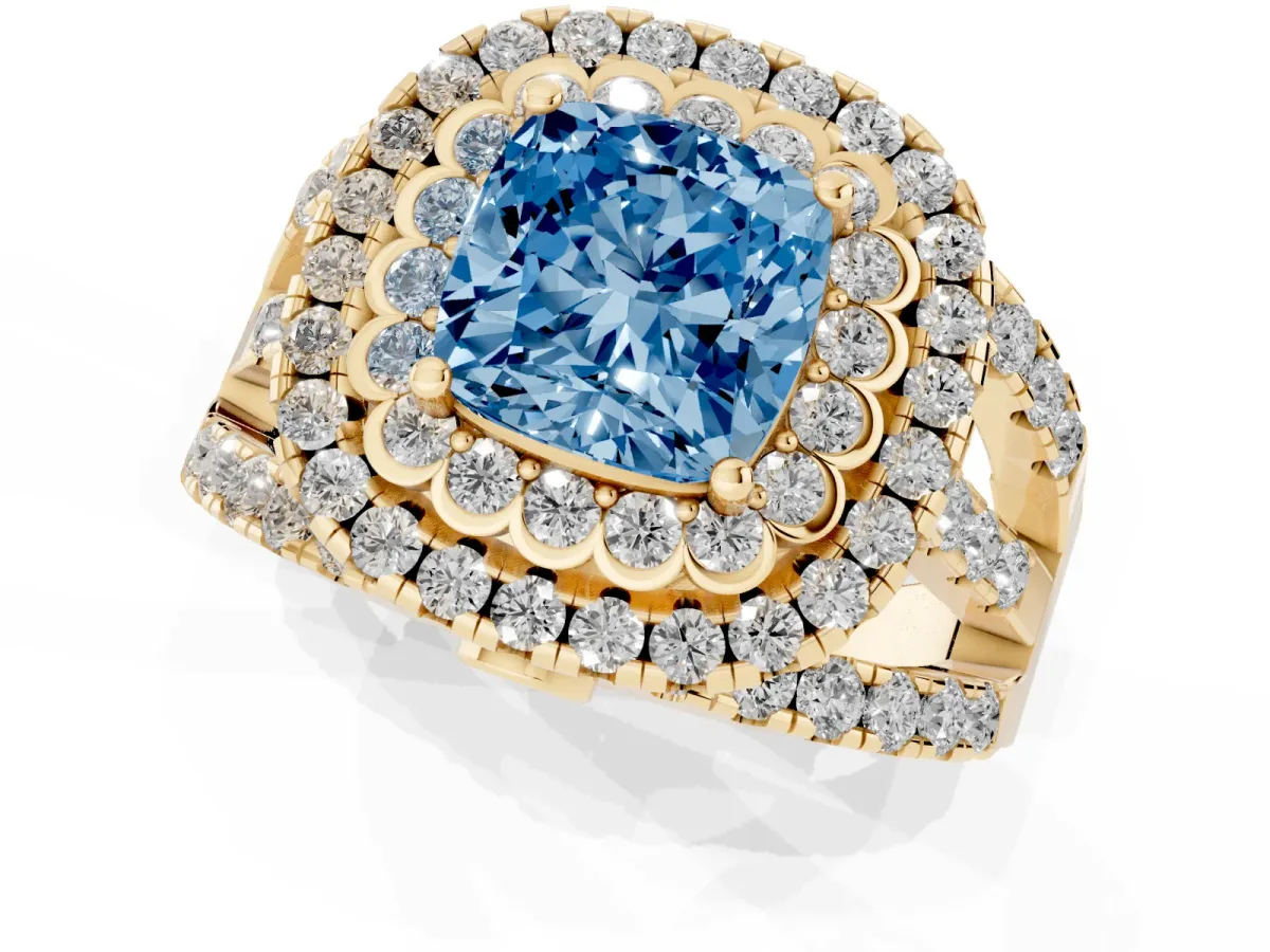 Fancy Blue Cushion Cut Diamond Double Halo Ring with Round Pavé Split Shank and Prong Setting Yellow gold