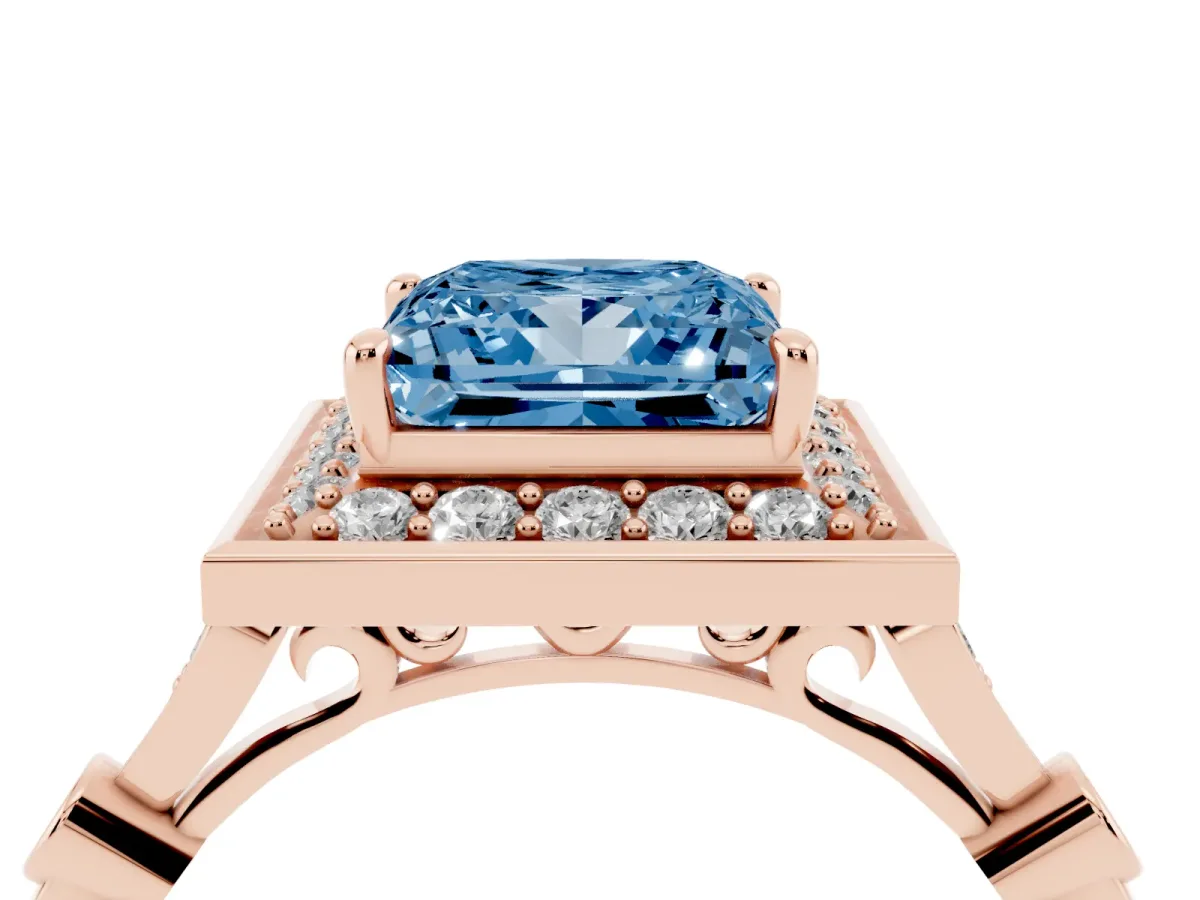 Fancy Blue Princess Cut Halo Diamond Engagement Ring with Twisted Band and Four-Prong Setting Rose gold