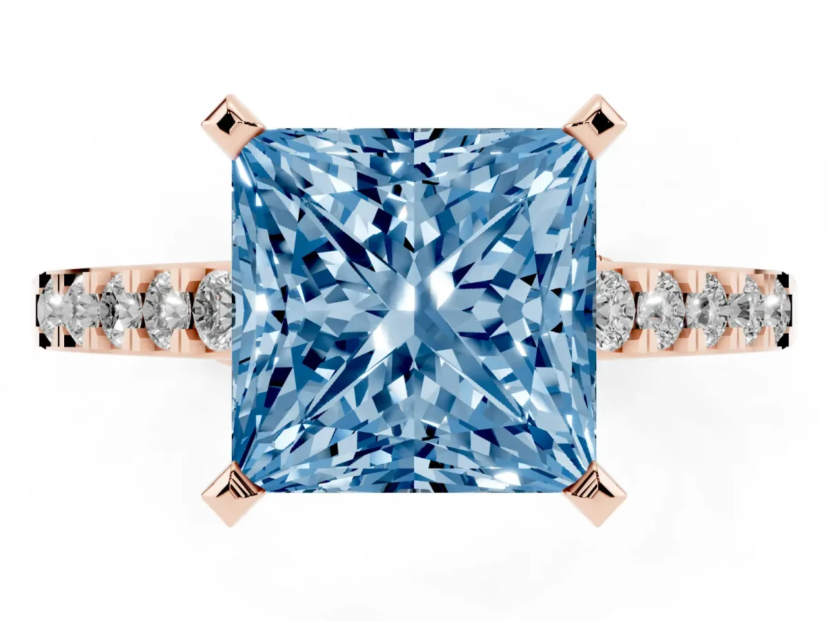 Fancy Blue Princess Cut Diamond Solitaire Ring with Crossover Gallery and Round Pavé Band Rose gold