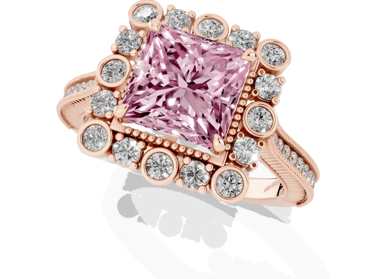 Fancy Pink Princess Cut Halo Milgrain Pave Diamond Ring with Four-Prong Setting Rose gold