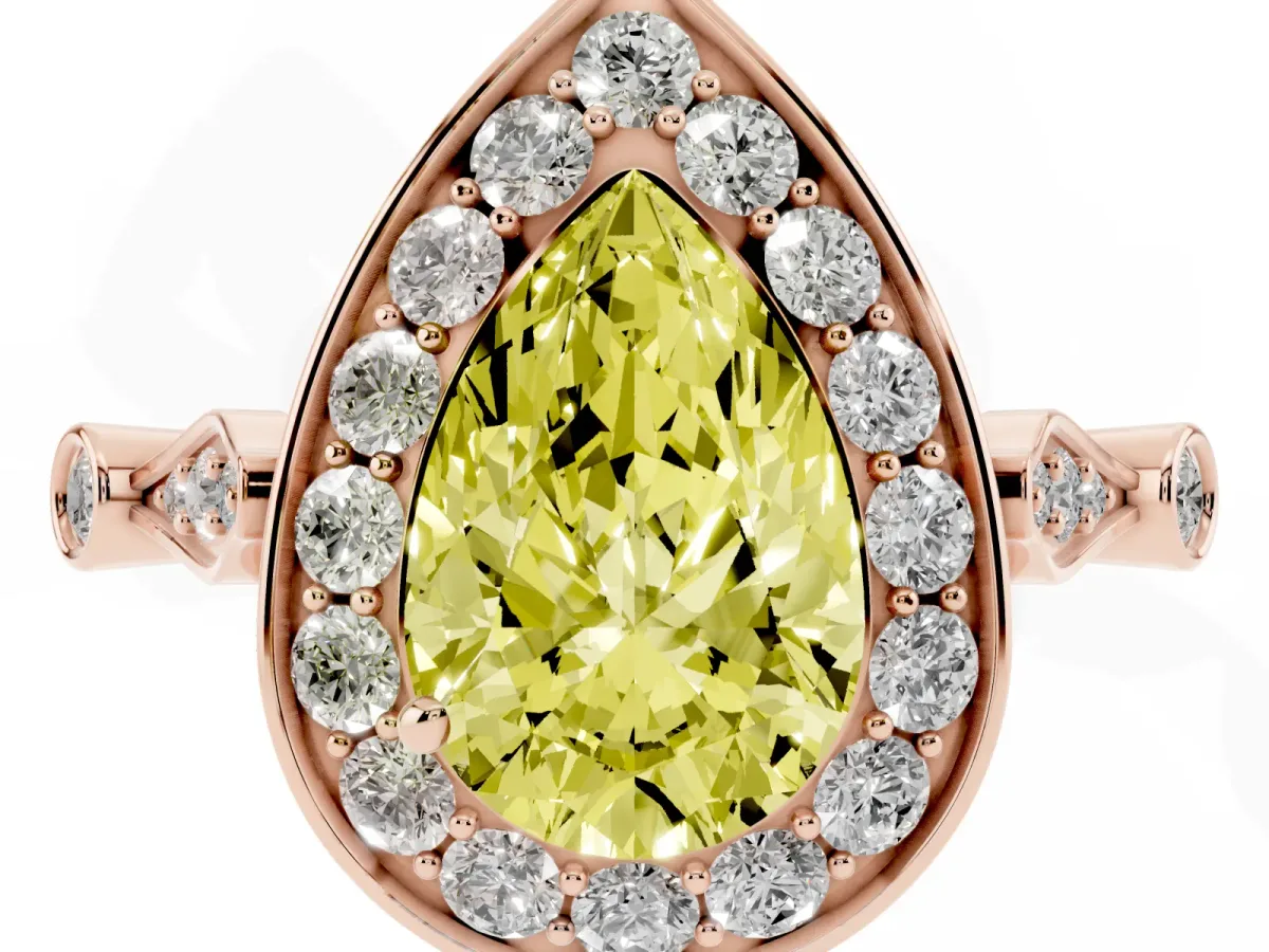 Fancy Yellow Pear Cut Halo Diamond Engagement Ring with Twisted Band and Four-Prong Setting Rose gold