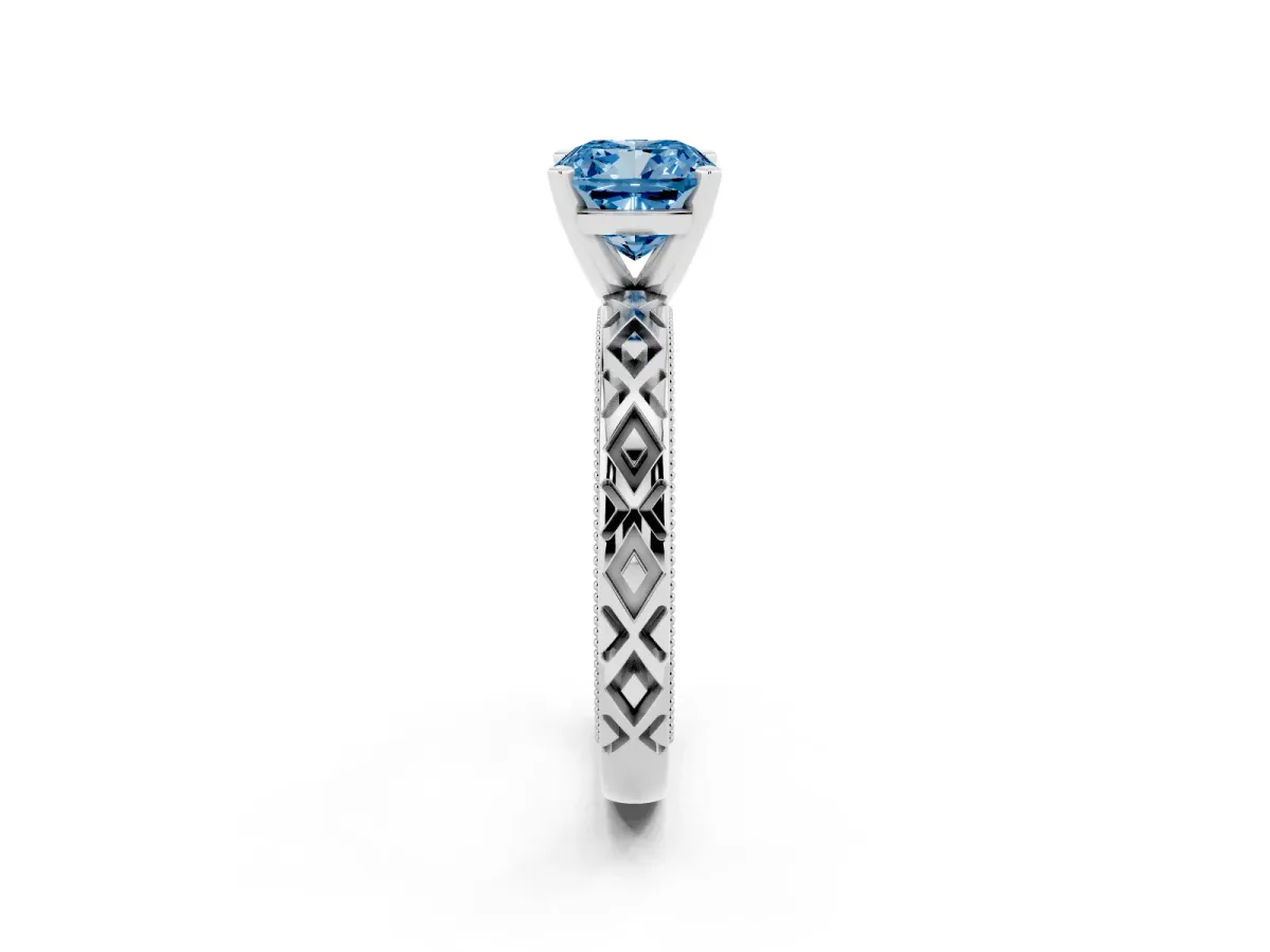 Fancy Blue Cushion Cut Solitaire Diamond Ring with Milgrain and Black Enamel X Pattern Band Silver