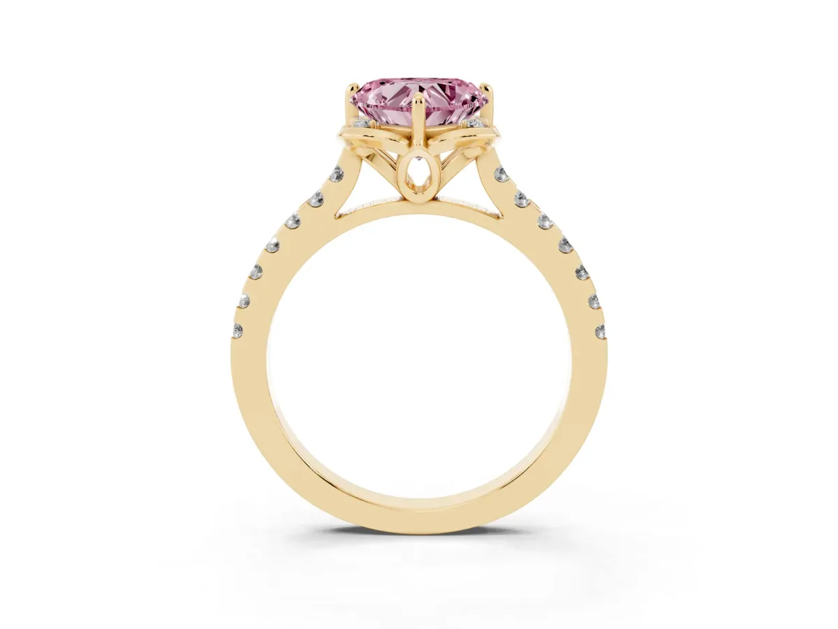 Fancy Pink Heart Cut Diamond Ring with Pavé Band and Floral Prong Setting Yellow gold