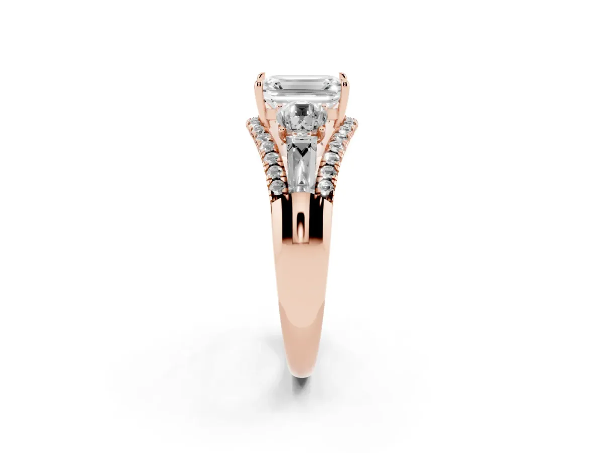 Three-Stone Emerald Cut Diamond Engagement Ring with Pave Band and Prong Setting Rose gold