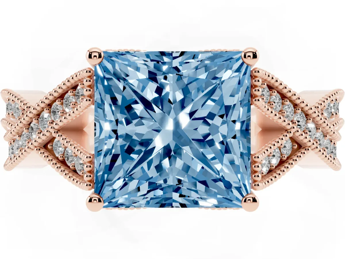 Fancy Blue Princess Cut Cut Diamond Twisted Band with Milgrain Pave Setting and Four-Prong Setting Rose gold