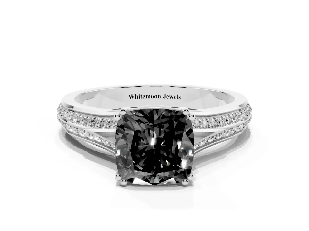 Fancy Black Cushion Cut Diamond Split Shank Engagement Ring with Pavé Band Silver
