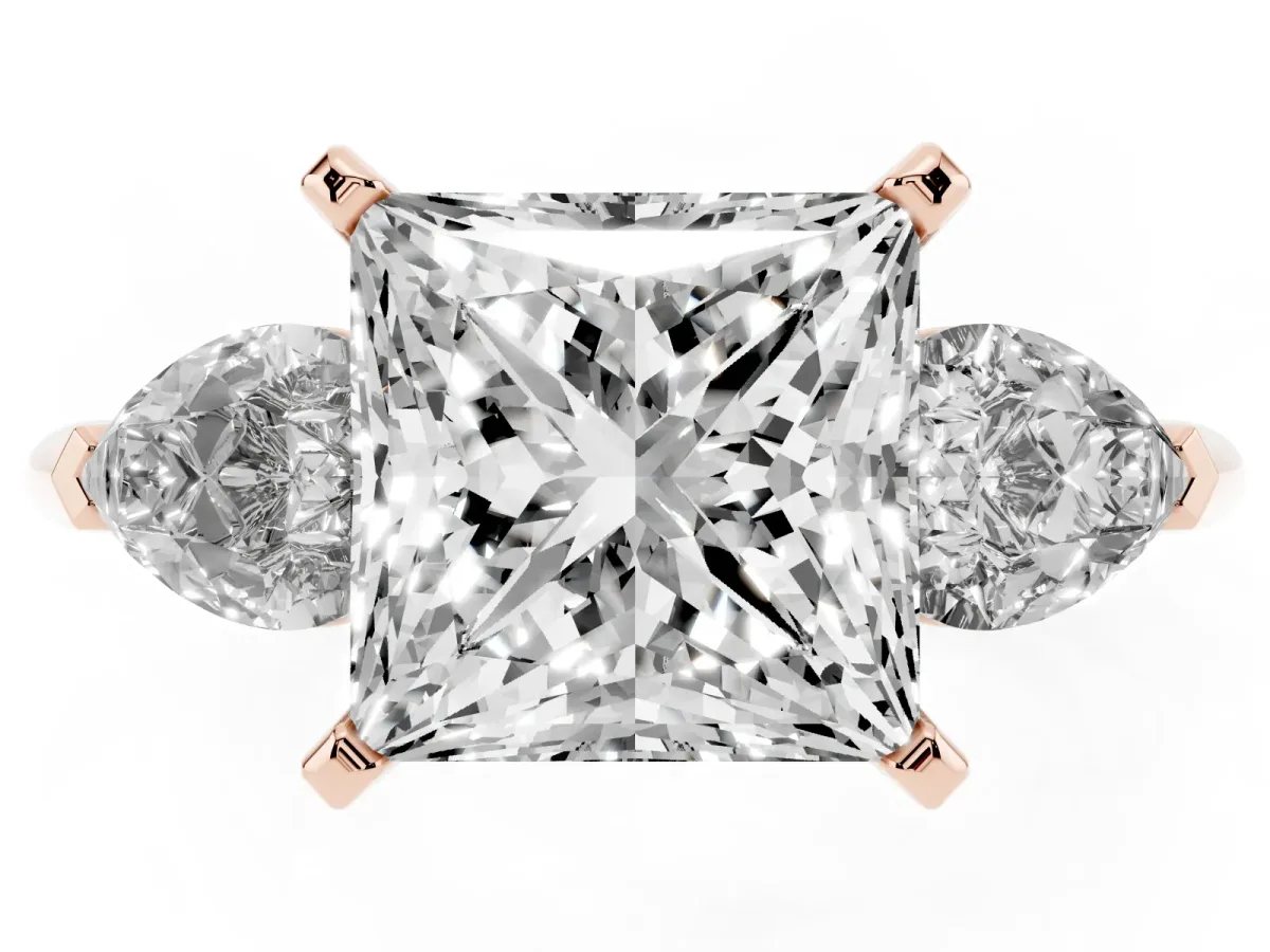 Three-Stone Princess Cut Diamond Ring with Pear Side Stones and Four-Prong Setting Rose gold