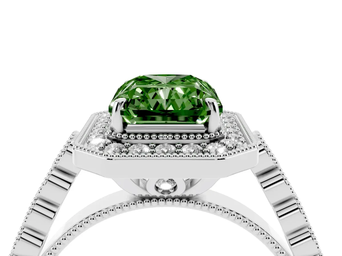 Fancy Green Radiant Cut Halo Milgrain Solitaire with Bezel Set Side Stones and Pave Band Silver