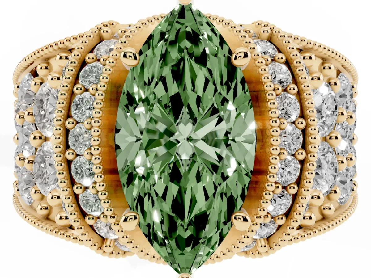 Fancy Green Marquise Cut Halo Pave Diamond Engagement Ring with Milgrain Detailing Yellow gold