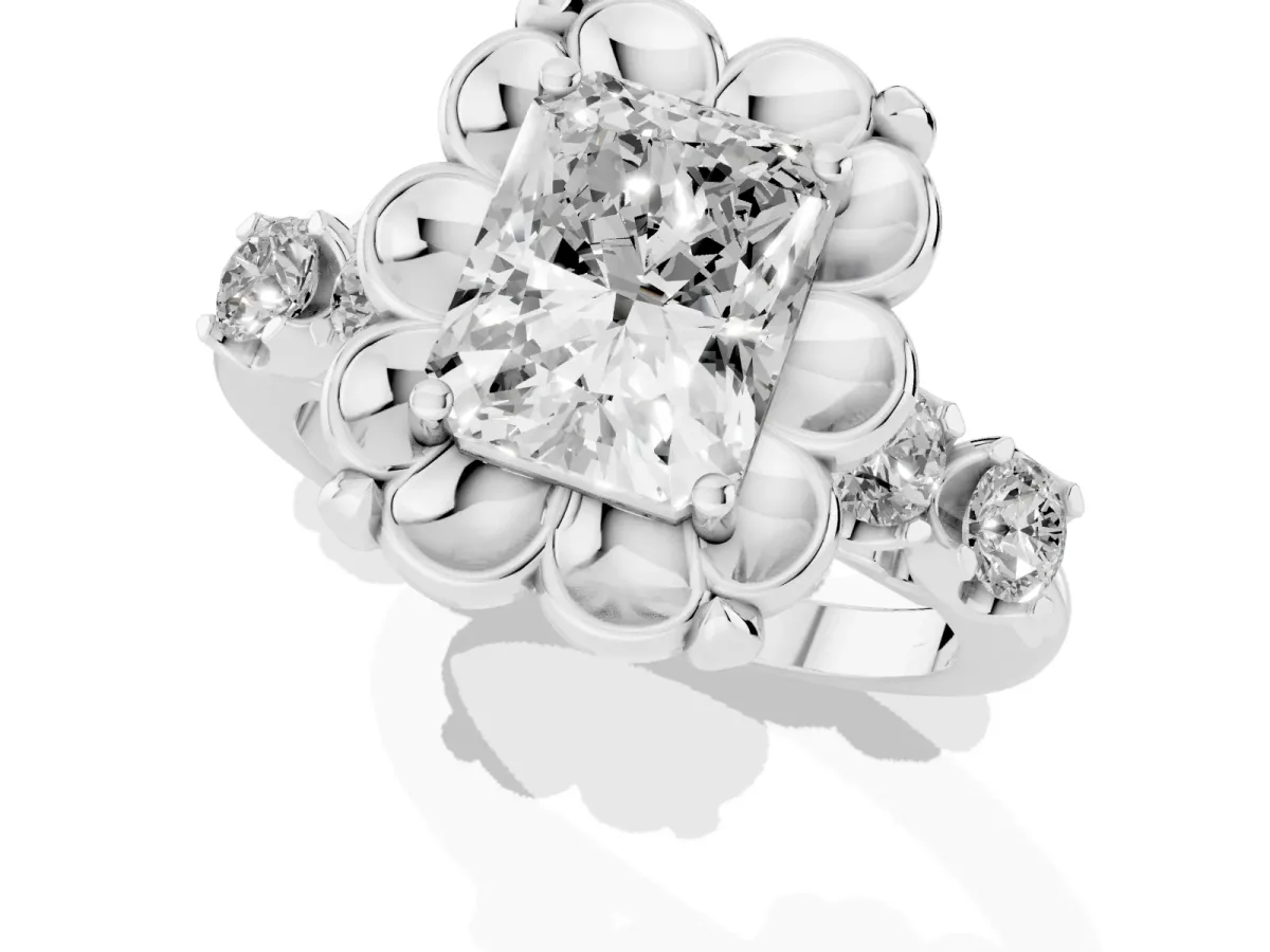 Radiant Cut Cut Diamond Floral Halo Engagement Ring with Shared Prong Setting Silver