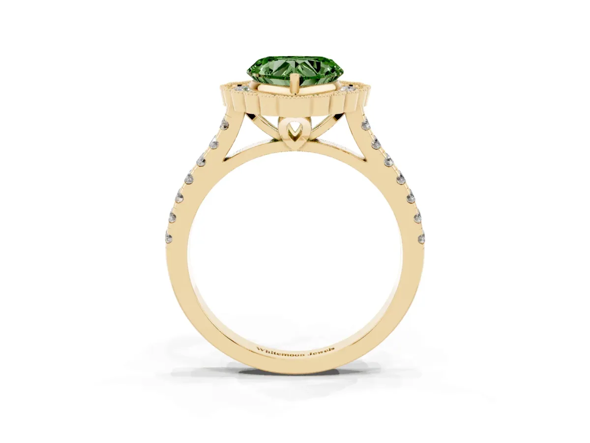 Fancy Green Heart Cut Cut Diamond Milgrain Floral Halo Engagement Ring with Pavé Band Yellow gold