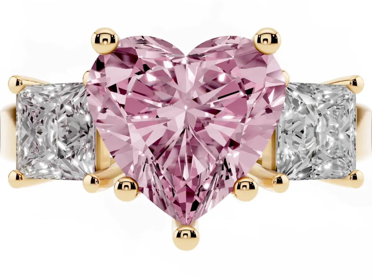 Fancy Pink Three-Stone Heart Cut Cut Solitaire Ring with Prong Setting Yellow gold