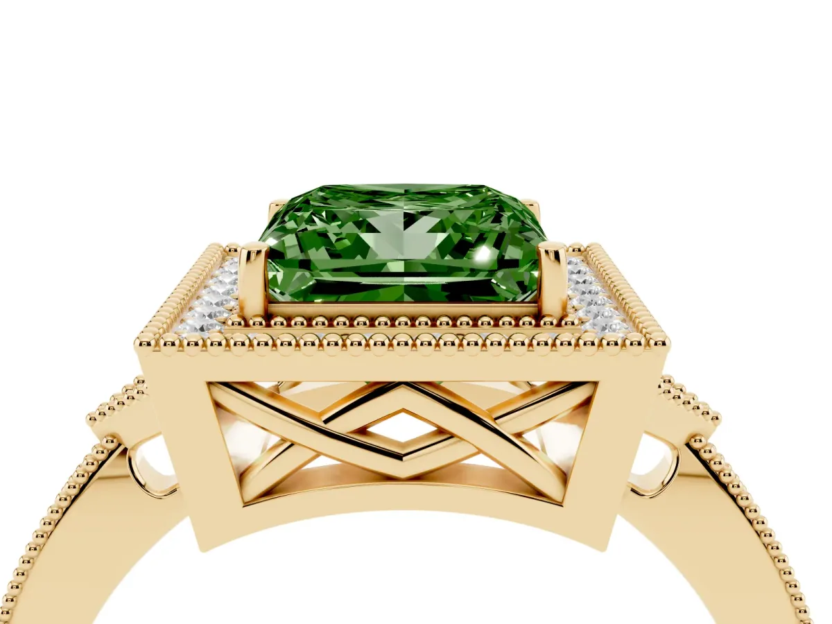 Fancy Green Princess Cut Halo Round Diamond Milgrain Pave Engagement Ring Yellow gold