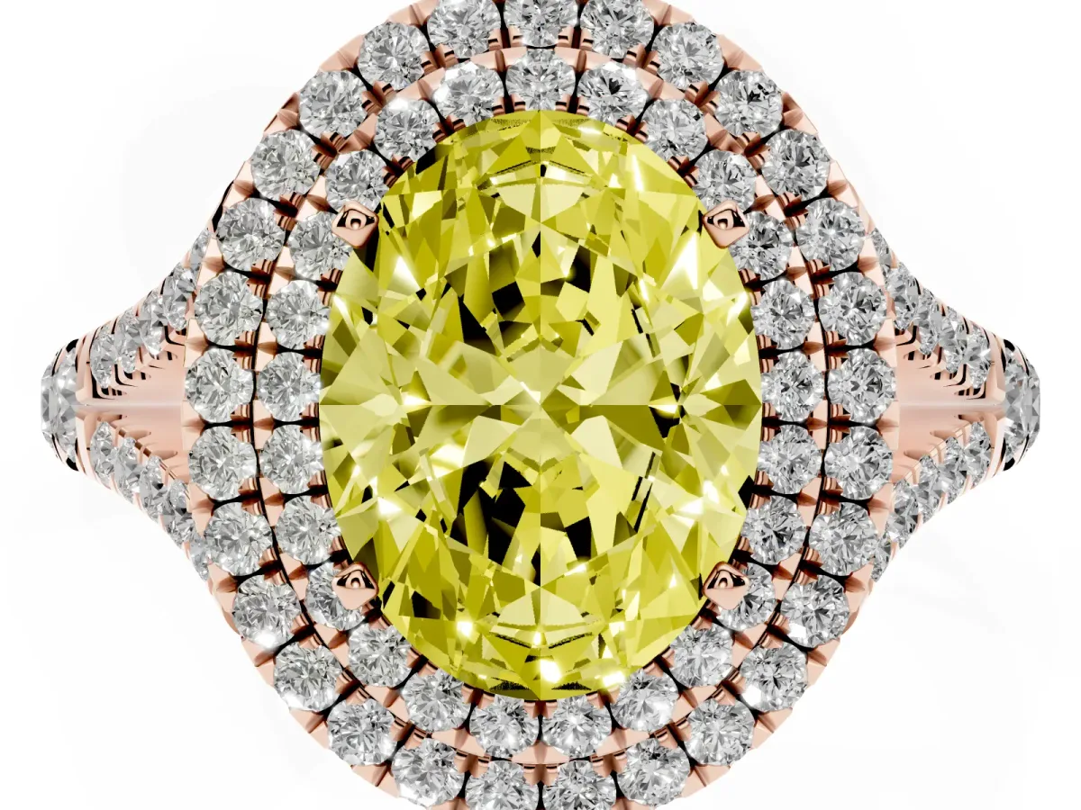Fancy Yellow Oval Cut Cut Double Halo Split Shank Diamond Ring with Prong Setting Rose gold
