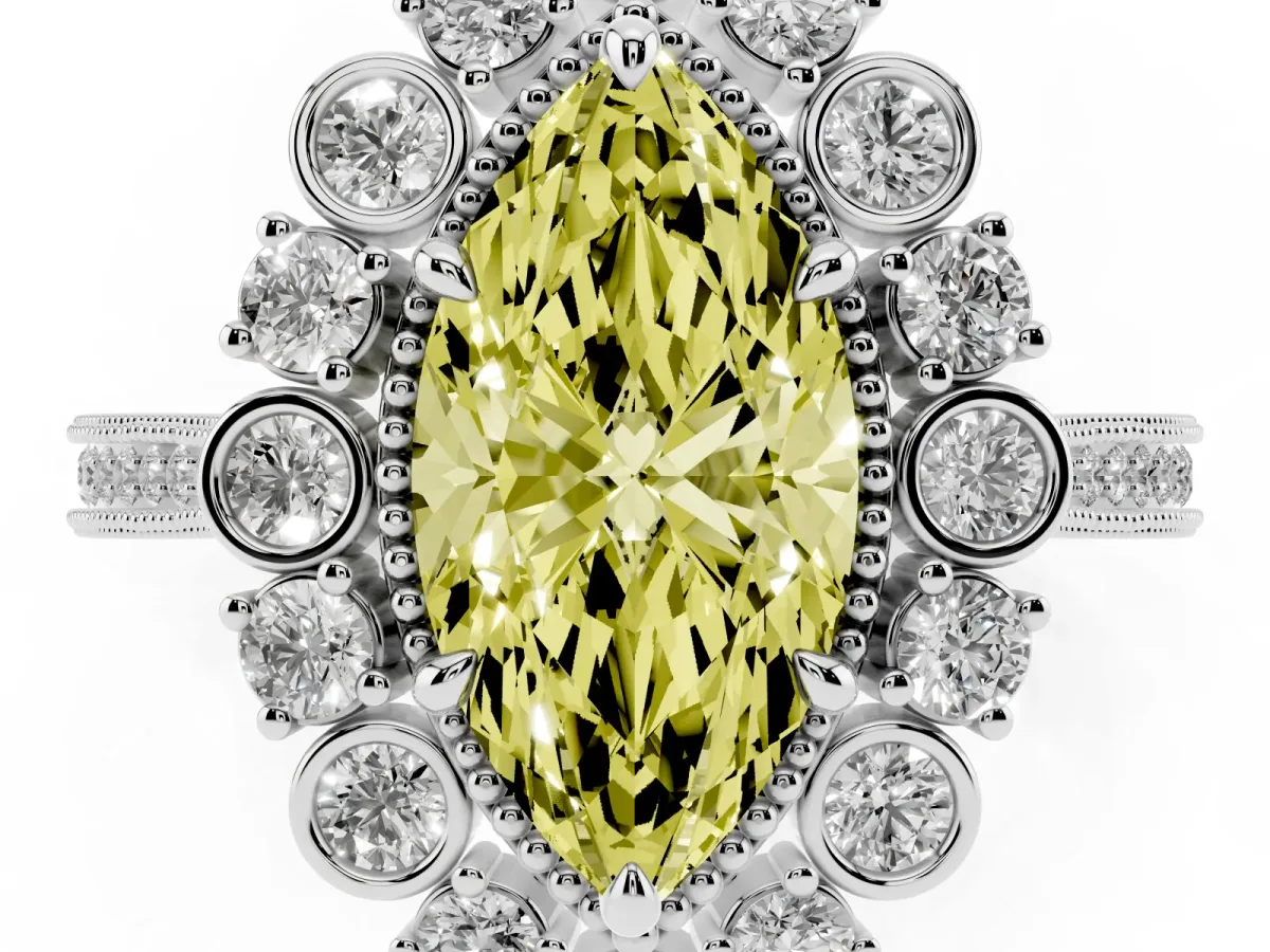 Fancy Yellow Marquise Cut Halo Milgrain Pave Diamond Ring with Four-Prong Setting Silver