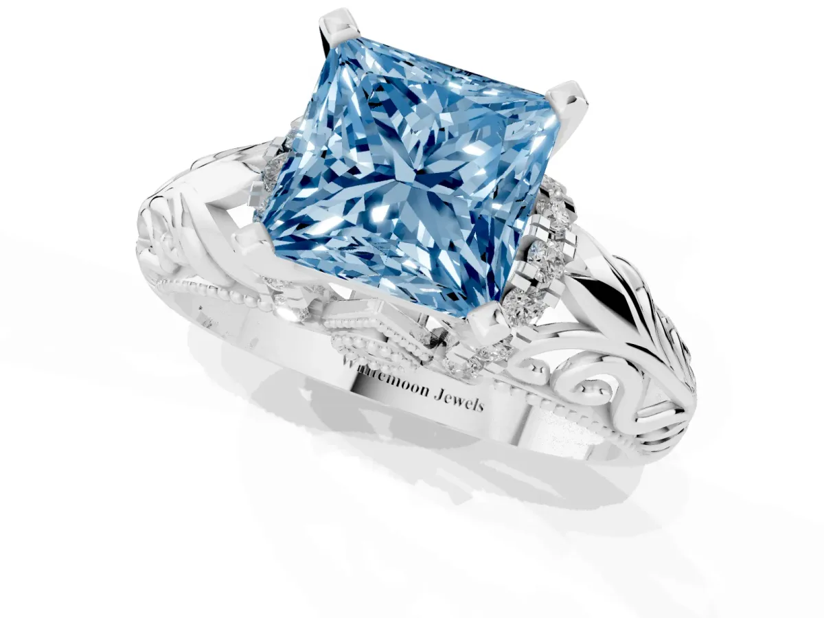 Fancy Blue Princess Cut Solitaire Filigree Engagement Ring with Halo and Prong Setting White gold