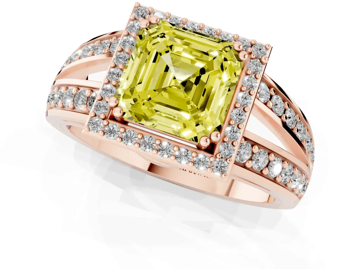 Fancy Yellow Asscher Cut Diamond Halo Ring with Split Shank Pavé Band and Four-Prong Setting Rose gold