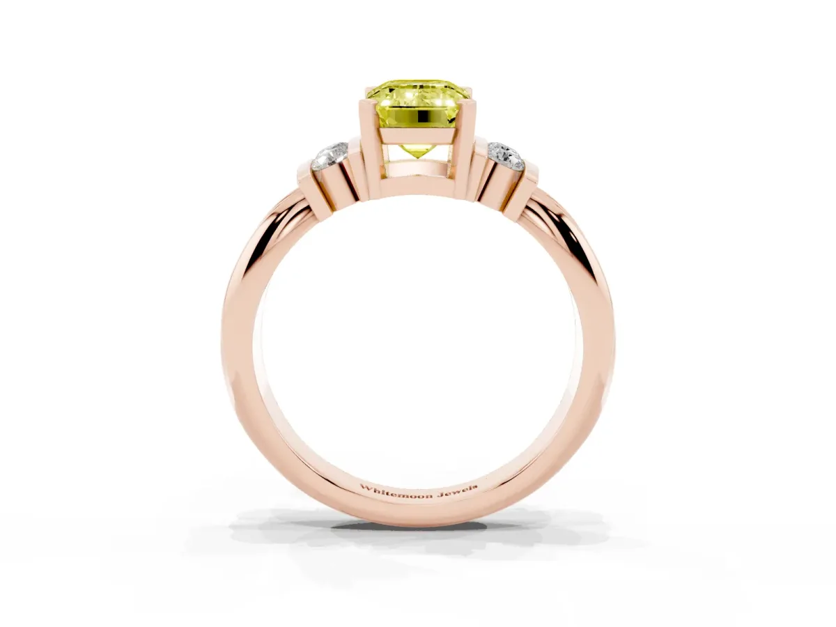 Fancy Yellow Emerald Cut Cut Three-Stone Channel Set Ring with Bar Prongs Rose gold