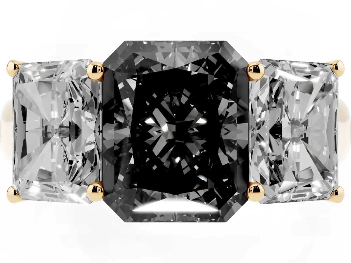 Fancy Black Radiant Cut Three-Stone Diamond Ring with Prong Setting on a Classic Band Yellow gold