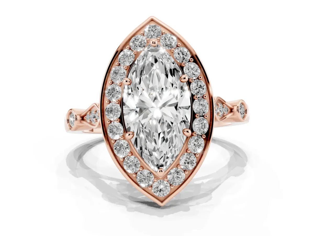 Marquise Cut Halo Diamond Engagement Ring with Twisted Band and Four-Prong Setting Rose gold