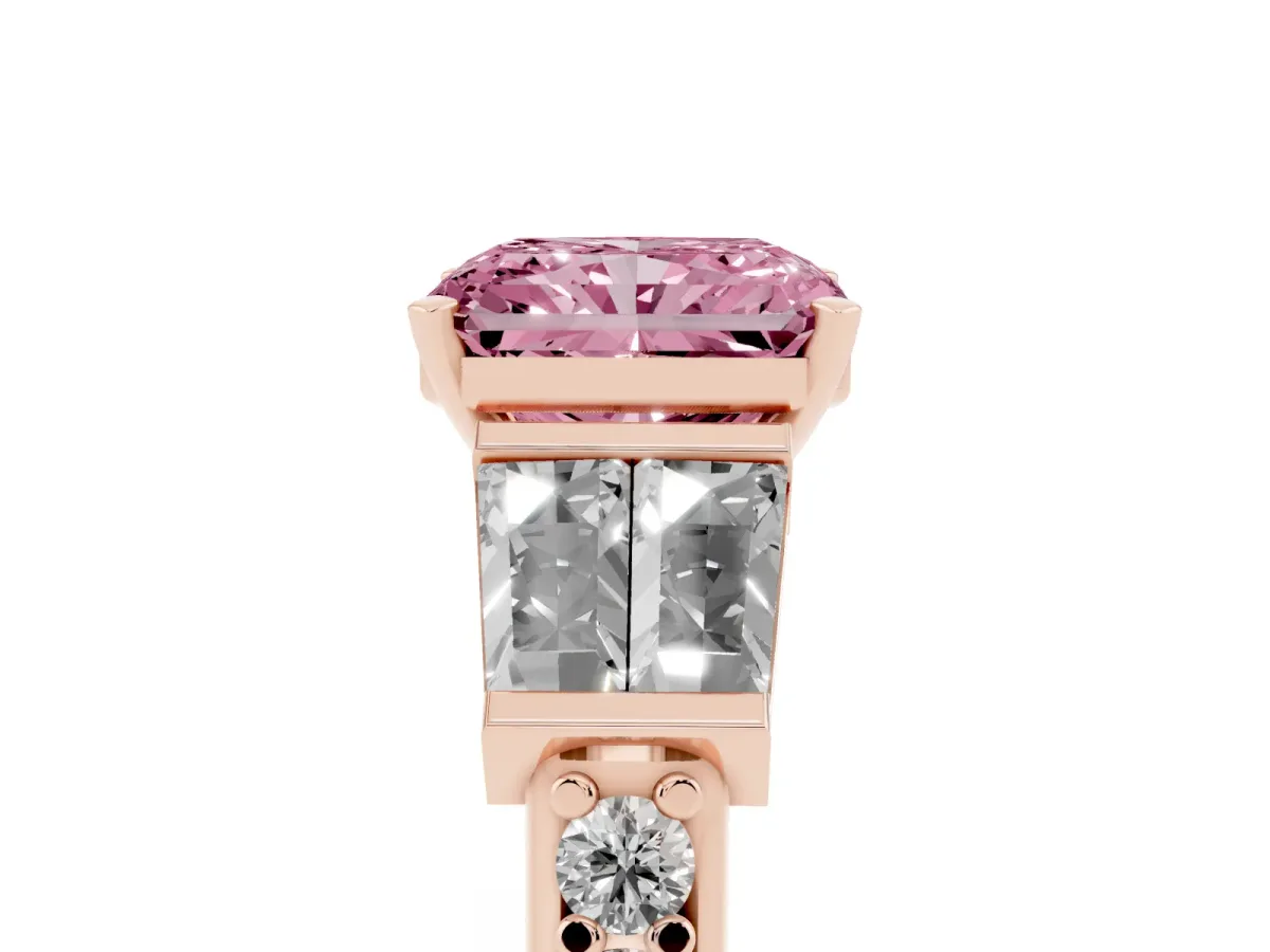 Fancy Pink Radiant Cut Diamond Engagement Ring with Baguette Side Stones and Channel Set Band Rose gold