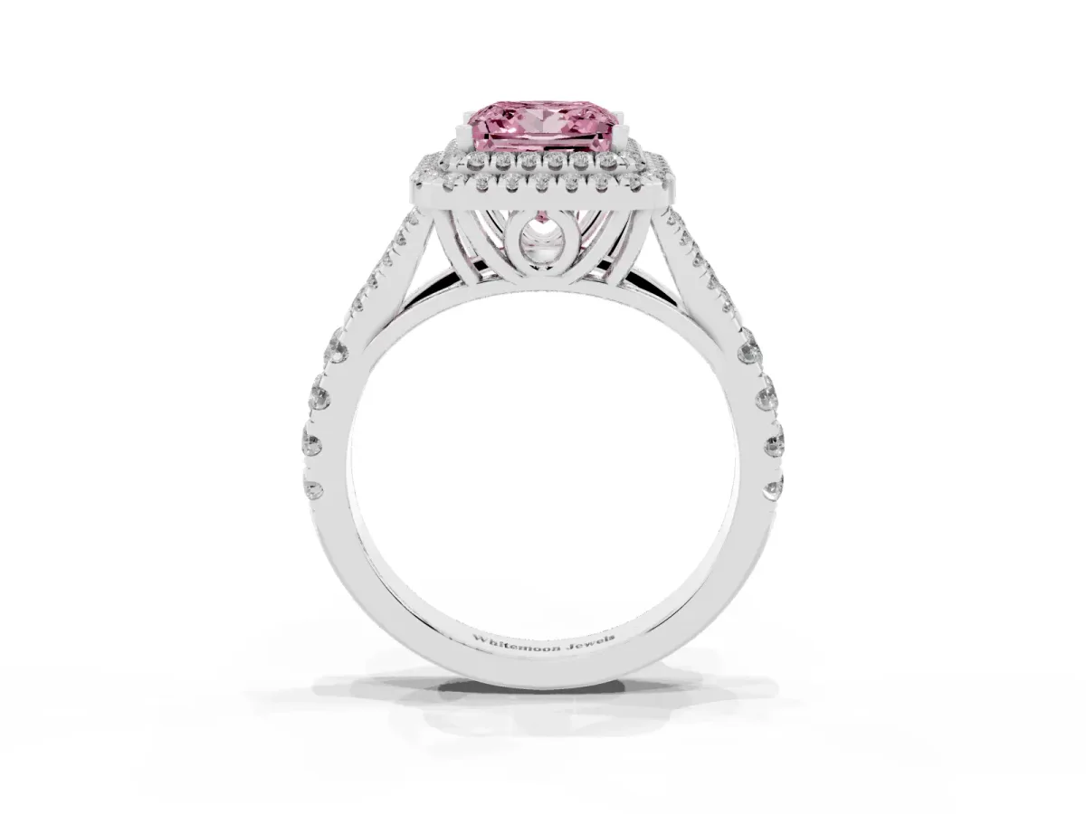 Fancy Pink Princess Cut Diamond Double Halo Ring with Split Shank and Prong Setting Platinum