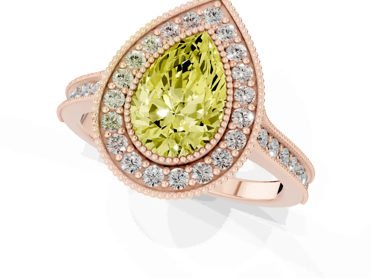 Fancy Yellow Halo Pear Cut-Cut Diamond Pave Band Milgrain Prong Setting Ring Rose gold