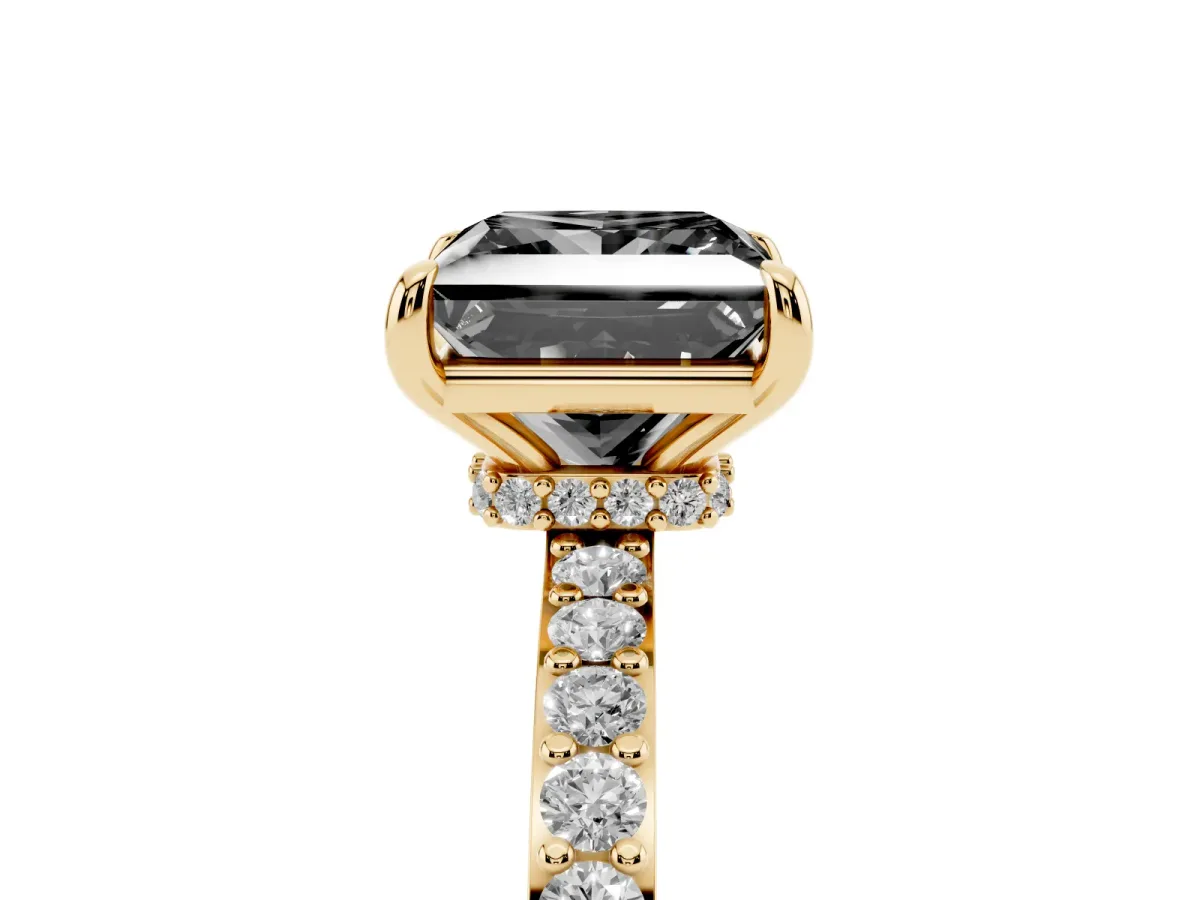 Fancy Black Princess Cut Diamond Solitaire Engagement Ring with Pavé Band and Four-Prong Setting Yellow gold