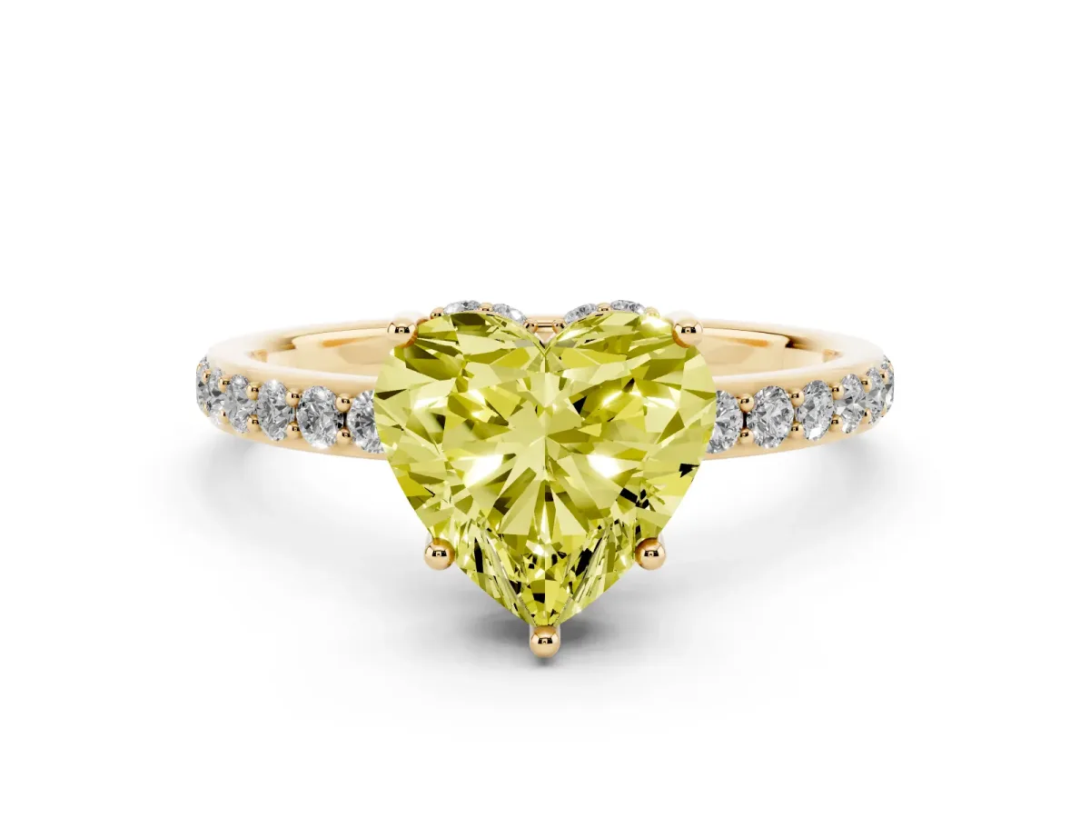 Fancy Yellow Heart Cut Diamond Solitaire Ring with Pavé Band and Hidden Halo Yellow gold