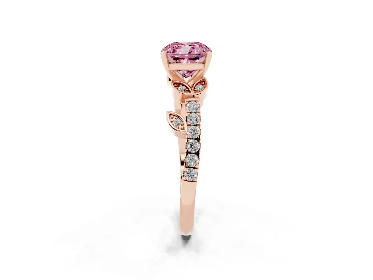 Fancy Pink Cushion Cut Solitaire Leaf-Inspired Diamond Ring with Pavé Band and Four-Prong Setting Rose gold