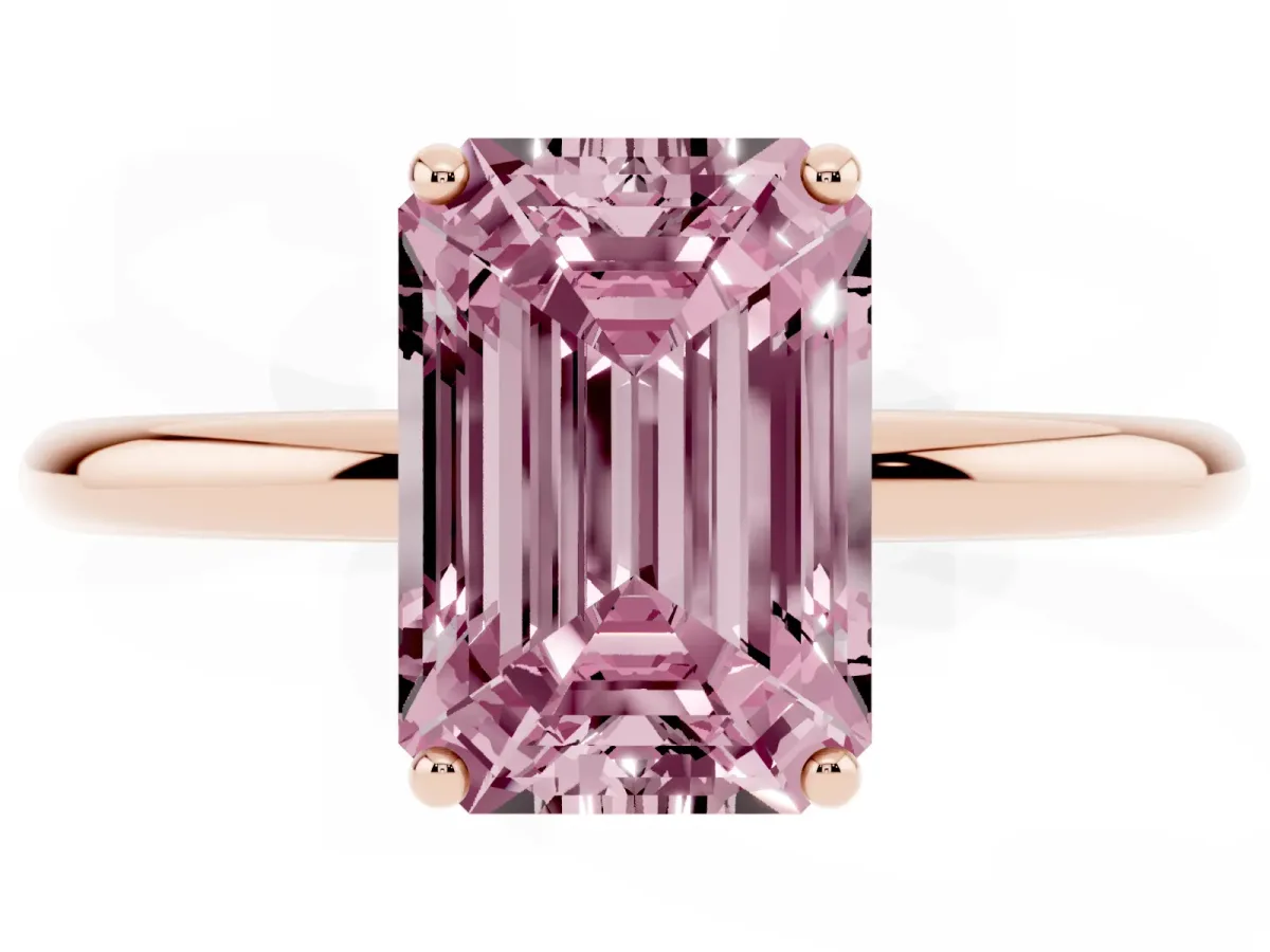 Fancy Pink Emerald Cut Solitaire Diamond Ring with a Classic Band and Four-Prong Setting Rose gold